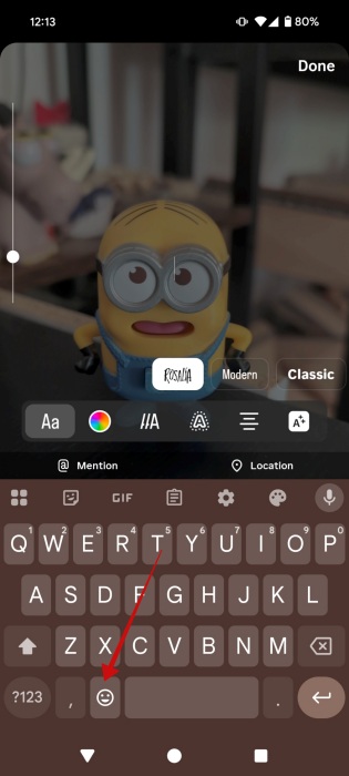 Tapping "Emoji" icon in Gboard app while creating Instagram story.