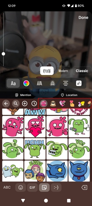Browsing stickers in Gboard app.