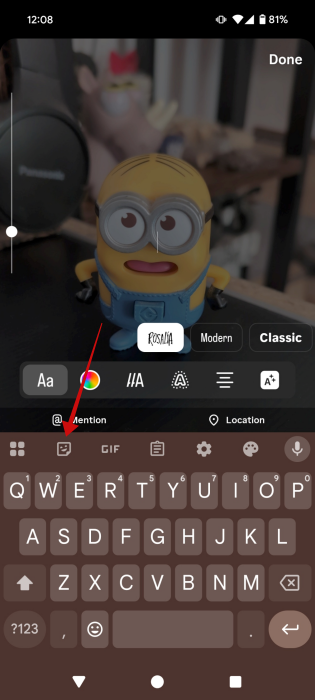 Tapping "Sticker" icon in Gboard app while creating Instagram story.