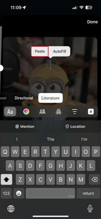 Tap on the "Paste" option on Instagram story on iPhone.