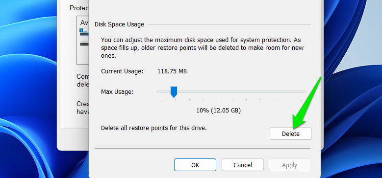 Windows Restore settings deleing restore points