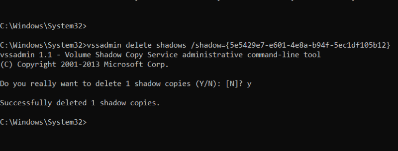 Deleting Shadow Copy using Vssadmin in Command Prompt