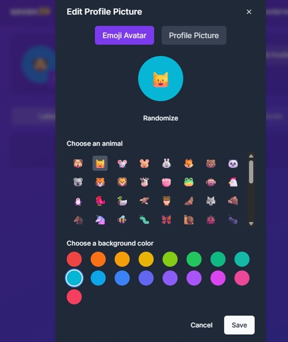 Choosing an emoji avatar and background.