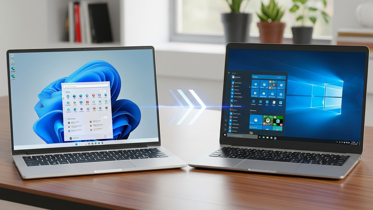 Windows 11 and Windows 10 laptops side by side on table