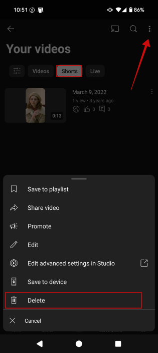 Opting to download own Short via YouTube mobile app.