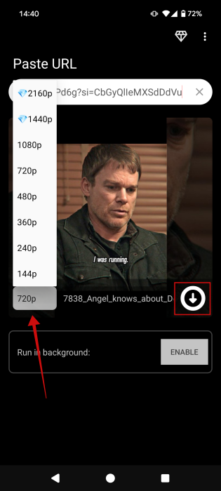 Pressing "Download" button in SaveFrom app on Android.