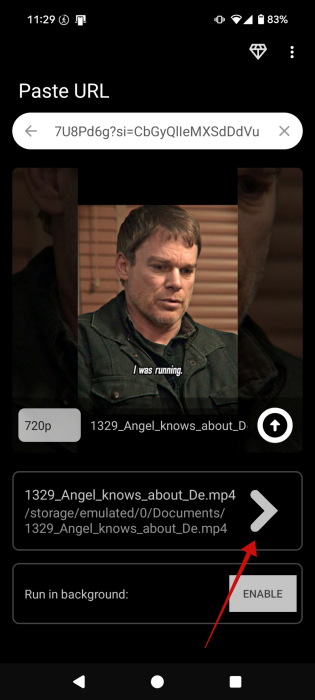 Tapping link in SaveFrom app on Android to see downloaded YouTube Short.