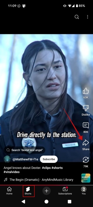 Pressing "Share" button on Short in YouTube on mobile.