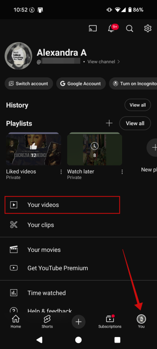 Tapping on "Your videos" option in YouTube mobile app.
