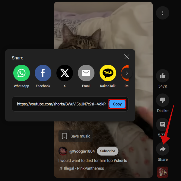 Copying link to Short on YouTube on PC via Share menu.