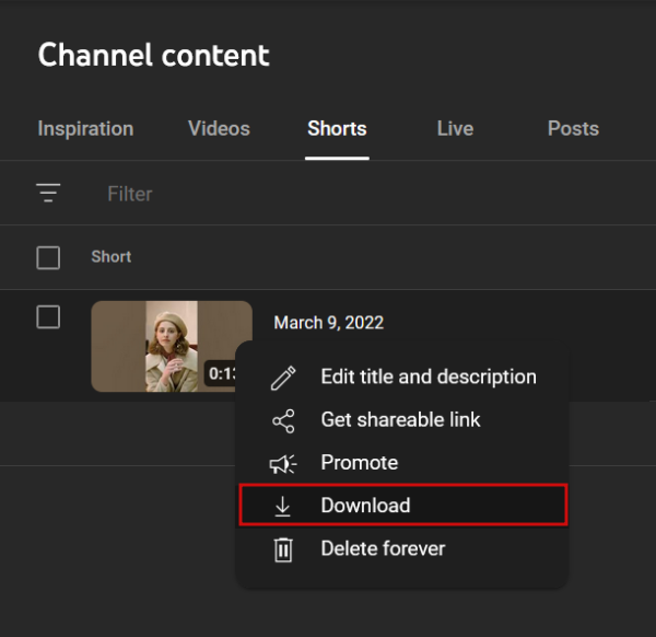 Selecting "Download" button for own Short on YouTube on PC.