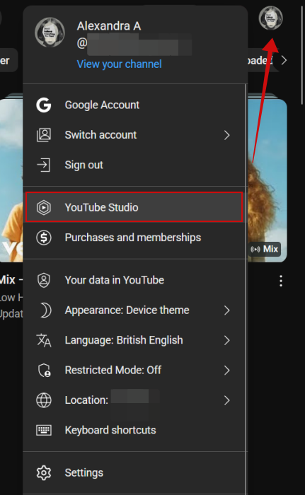 Clicking on "YouTube Studio" option in YouTube on PC.