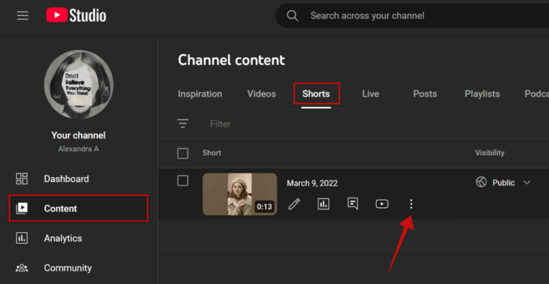 Navigating to "Shorts" section in YouTube Studio page on YouTube on PC.