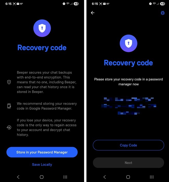 Storing and viewing Beeper Recovery Code.