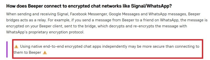 Security warning when you link chat apps with Beeper.
