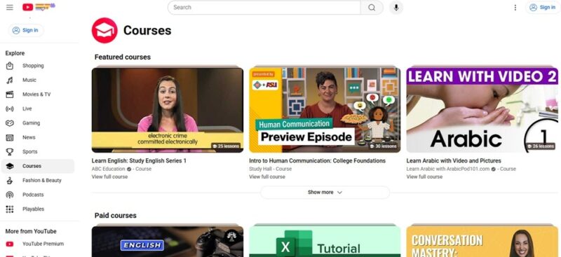 Viewing courses on YouTube.