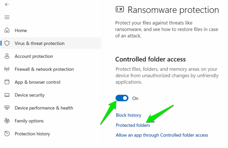 Controlled Folder Access Enabled with options Windows Security