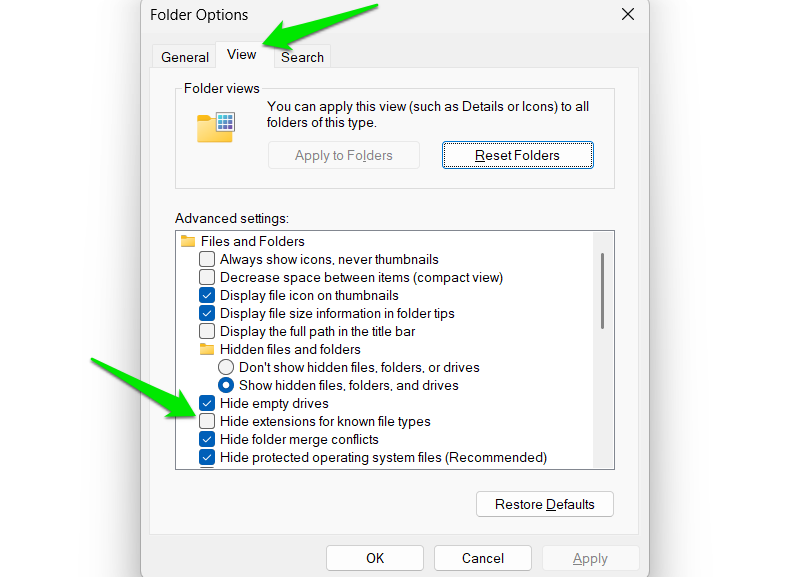 Enabling File Extensions in Windows file explorer options