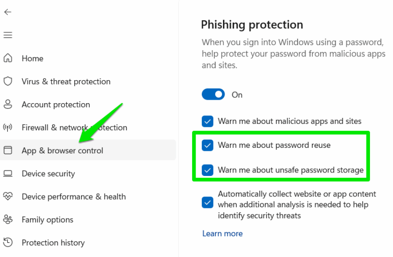 Windows Security Phishing Settings