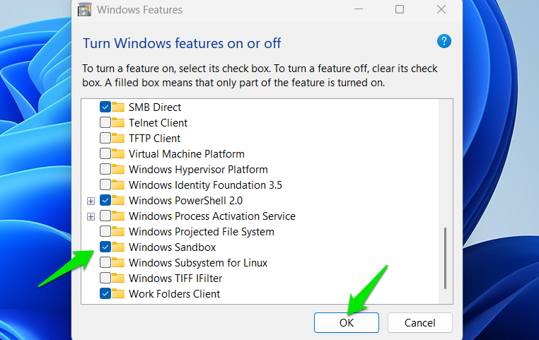 Enabling Windows Sandbox in Windows optional features