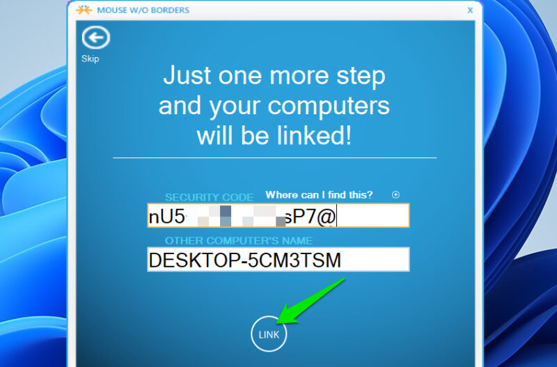 entering security code inside Mouse without Borders