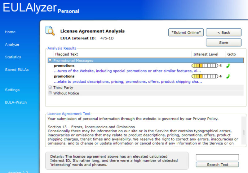 EULAlyzer Interface with TOS scanned