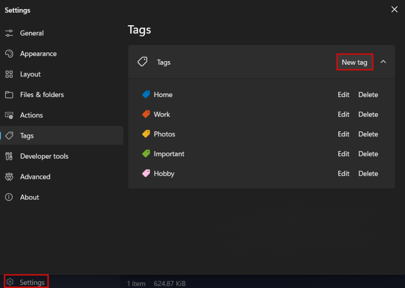 Creating new tag in Files app on Windows.
