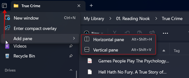 Adding pane in tab in Files app on Windows.