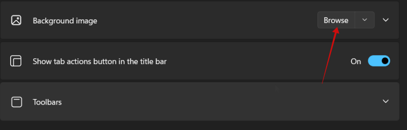 Tapping "Browse" to upload custom background in Files app in Windows.