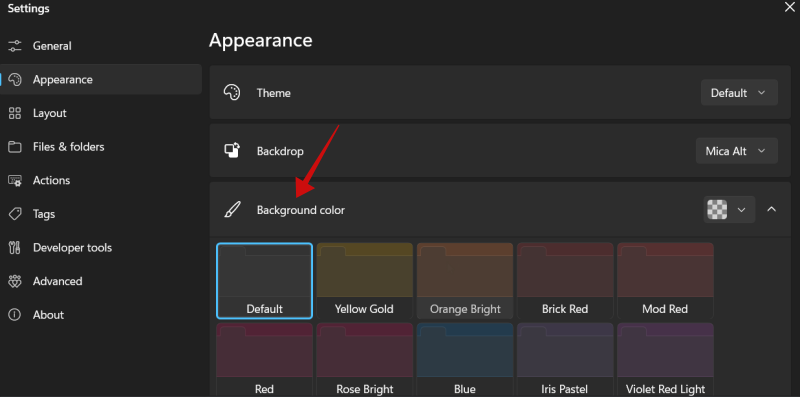 Changing background colors in Files app on Windows.