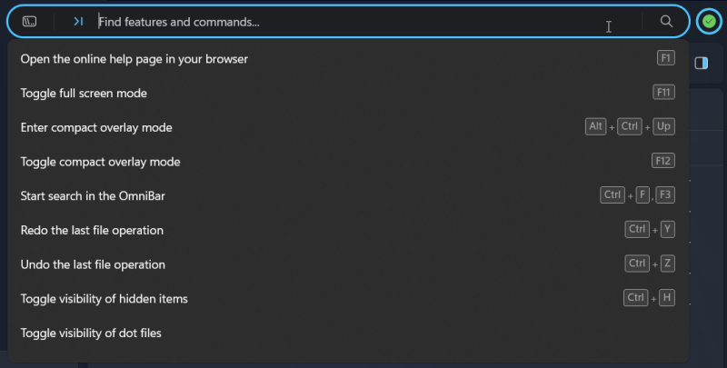 Viewing command suggestions in the Omnibar in Files app on Windows.