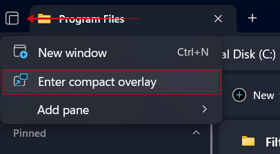 Clicking on "Enter compact overlay" option in Files app in Windows.