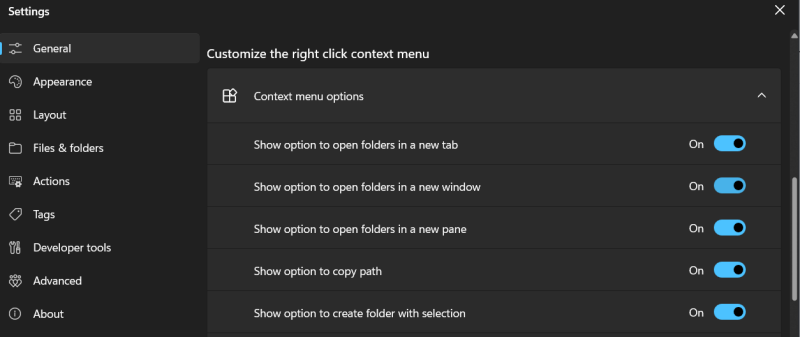 Menu that allows to modify the context menu in Files app in Windows.