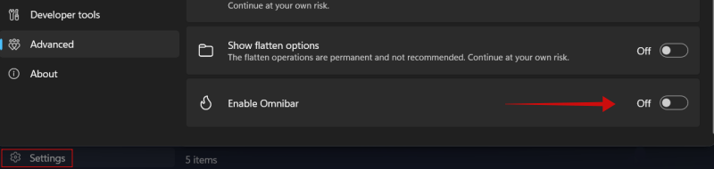 Disabling Omnibar in Files app in Windows.