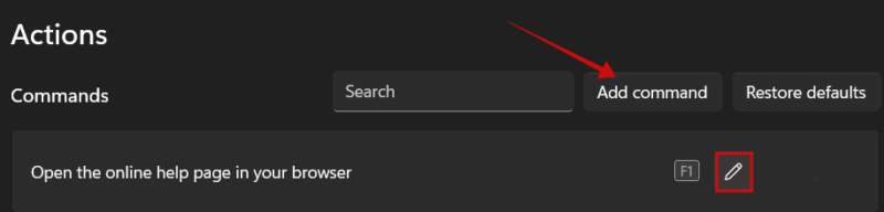 Tapping on "Add command" to create a new action in Files app on Windows.