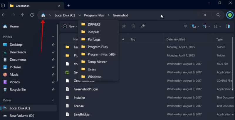 Breadcrumb bar view in Files app on Windows PC.