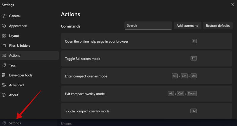 Viewing Actions under Settings in Files app on Windows.