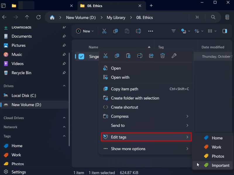 Tagging file in Files app on Windows.