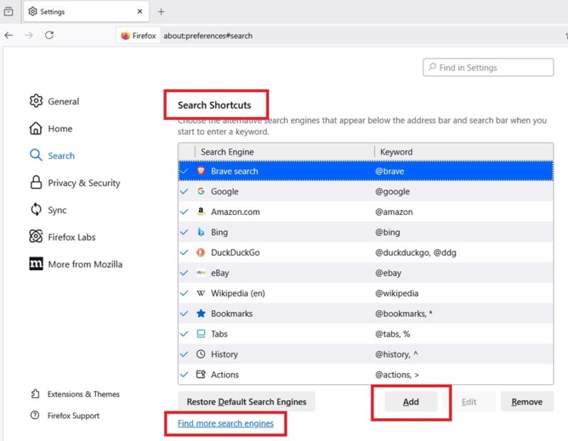 Adding new search shortcuts in Firefox.