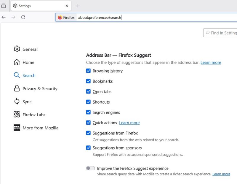 Changing Firefox search suggest options.