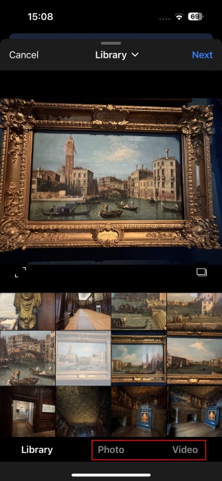 Selecting media for new post in Flashes app. 