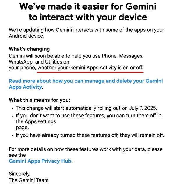 Email showing Gemini changes on Android.