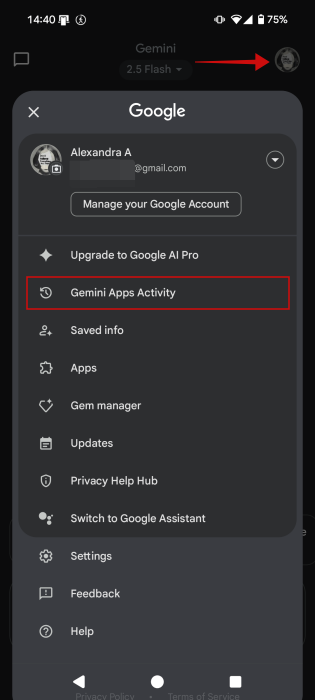 Navigating to "Gemini App Activity" in Gemini app.