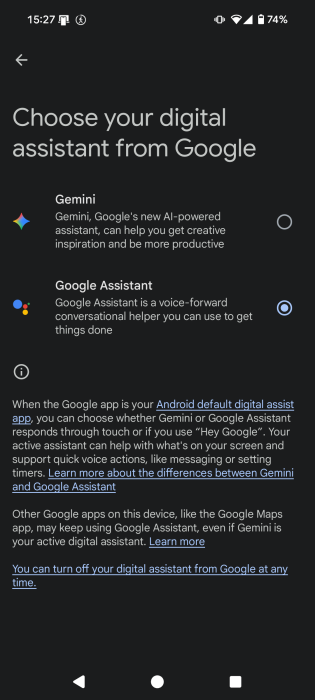 Selecting "Google Assistant" as digital assistant for Android phone.