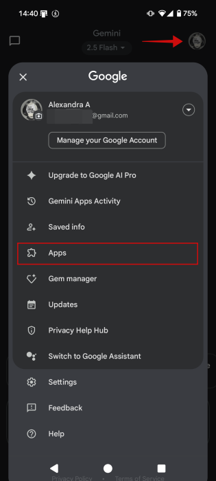 Tapping on "Apps" option in Gemini app on Android.