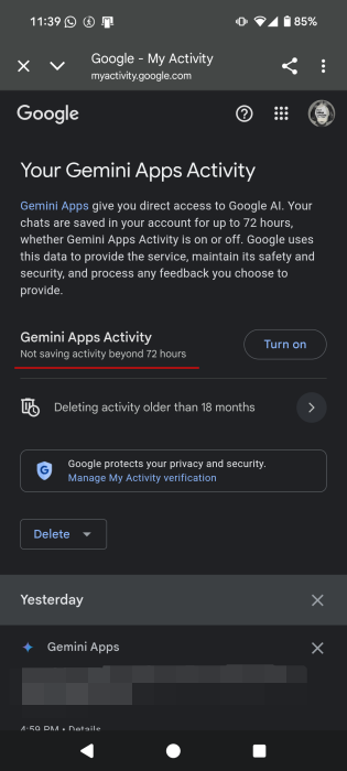 "Gemini Apps Activity" shown as off with "Not saving activity beyond 72 hours" message.