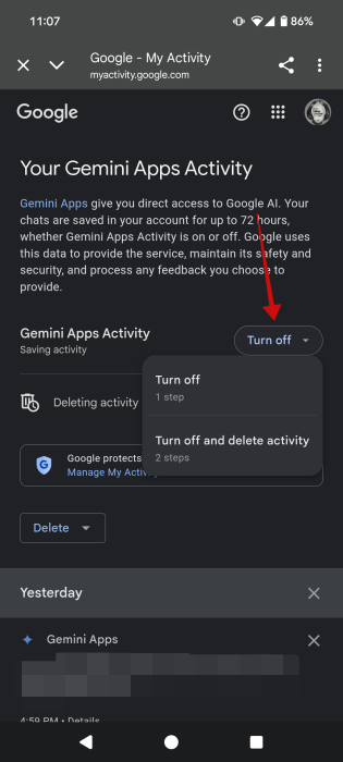 Turning off "Google Apps Activity" in Gemini app.