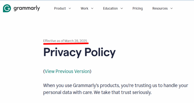 Grammarly Privacy Policy showing effective date