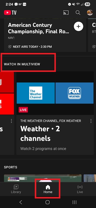 Viewing multiviews on YouTube TV Android app.