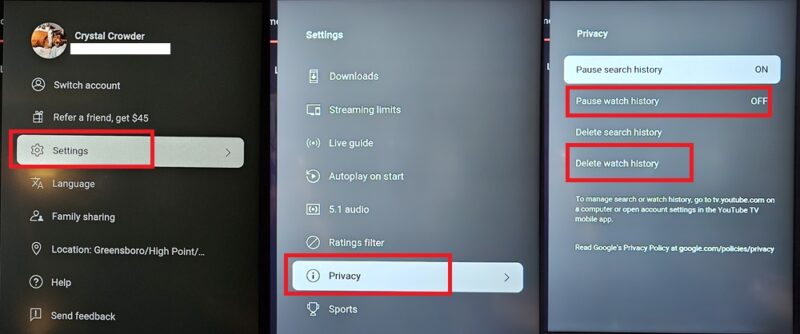 Deleting watch history on YouTube TV.